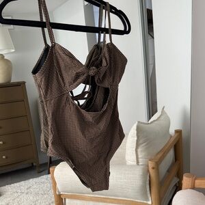 Brown Gingham Cutout One-Piece Swimsuit